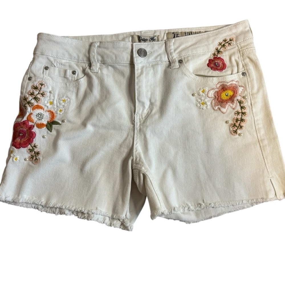 Vintage Indigo Rein White Denim Embroidered Boho Floral Shorts Size 15